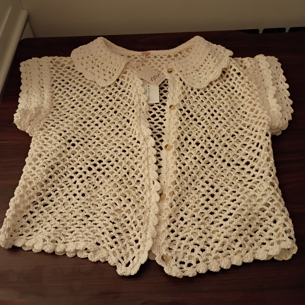 Free People Ivory Crochet Button-Up Crop Top